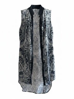 SW3 Bespoke Black & White Paisley Sleeveless Button-Front Tunic 100% silk